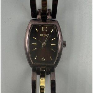 Relic Watch Women Brown Tone Wavy Band Barrel Case ZR33900 New Battery 7.25"
